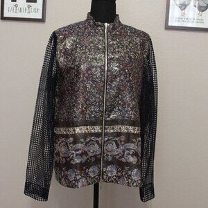 Elie Tahari Womens NWT Orchid Jacket Zip Floral Burgundy Gold Lace Sleeve Size L